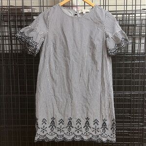 LOFT Blue and White Striped Dress with embroidered Hem Cotton Sz XS/SM